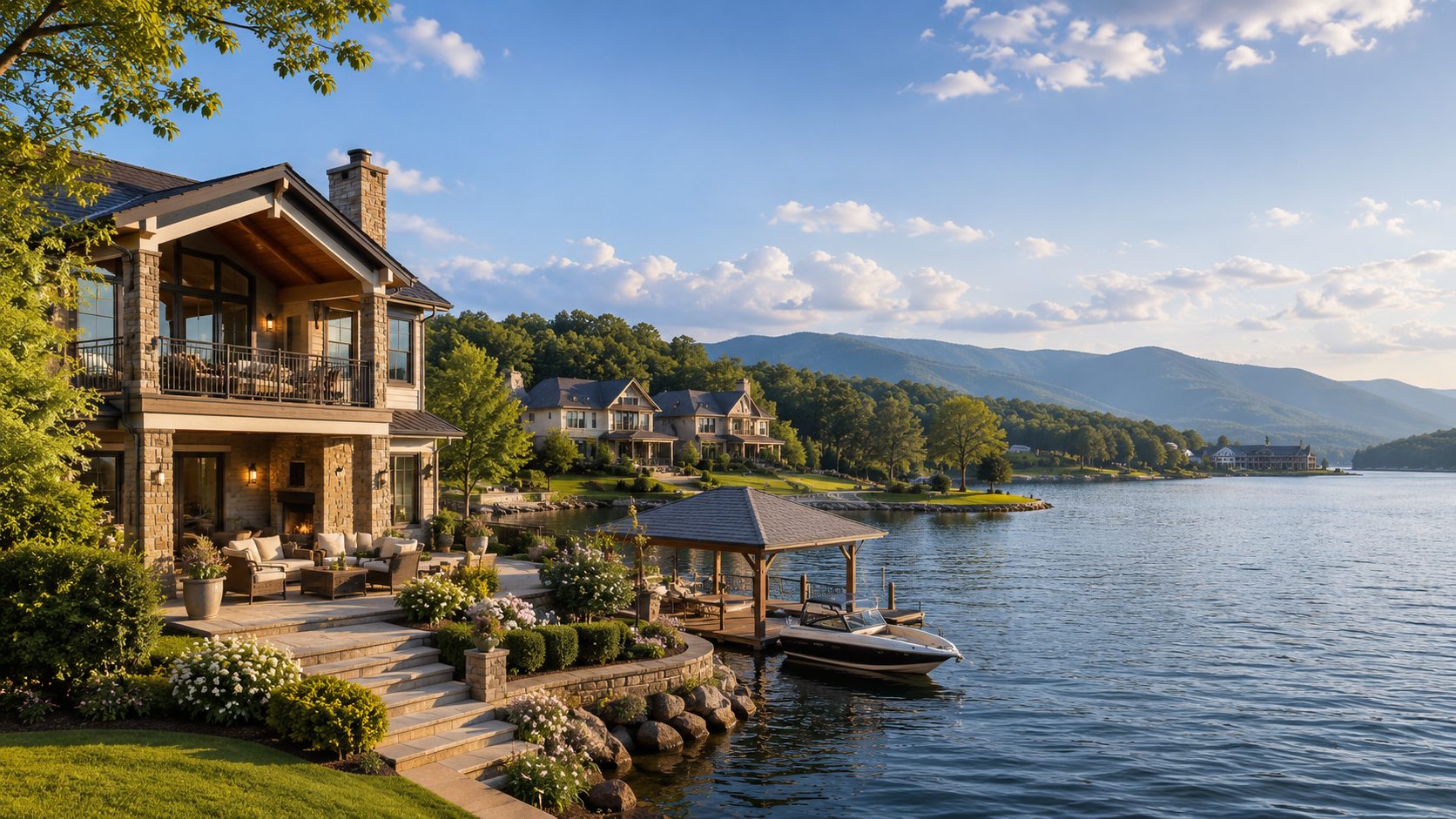 Tellico Lake luxury waterfront home with dock, boat, outdoor living, and mountain views