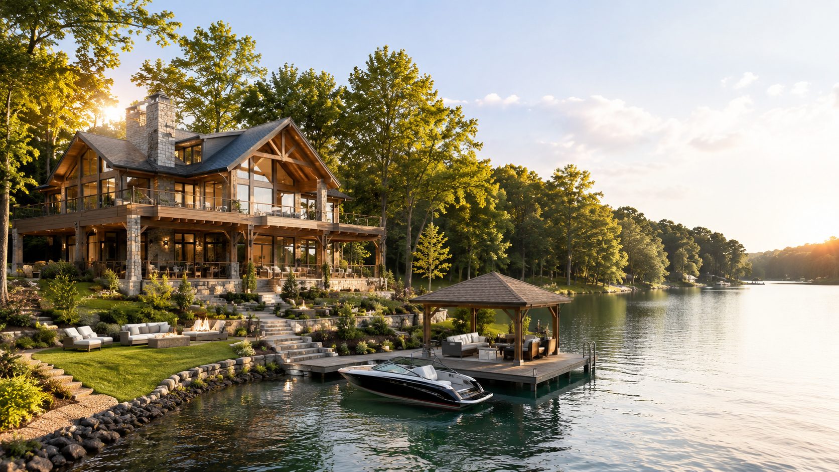 Norris Lake luxury waterfront property with dock, boat, wooded shoreline, privacy, and recreation setting