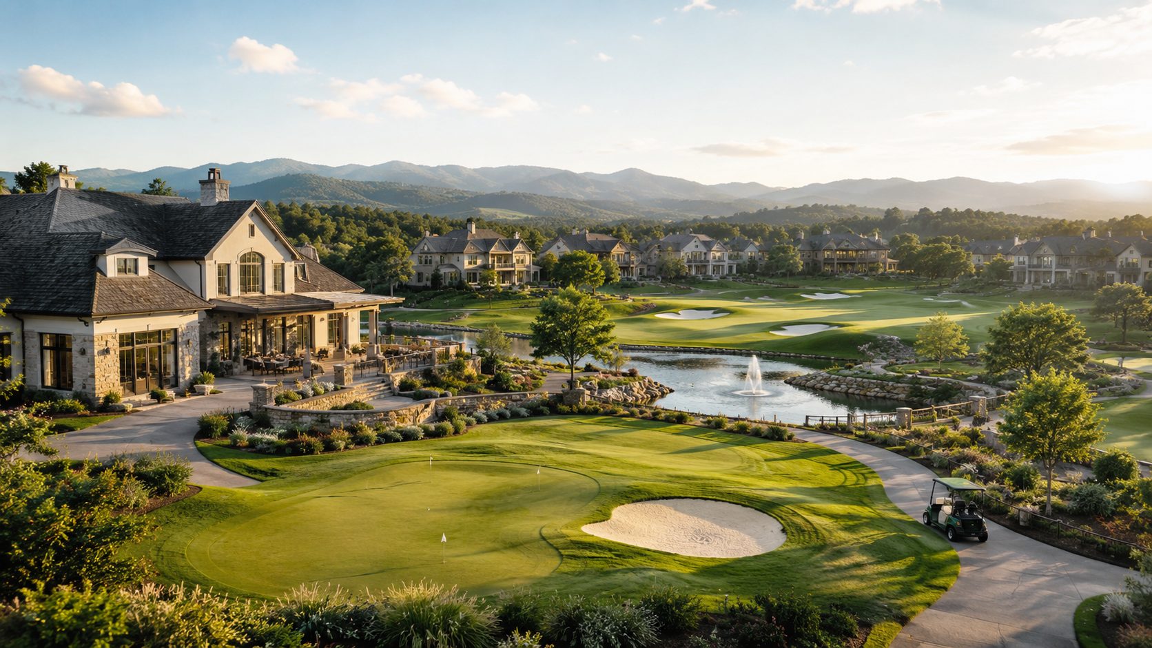 East Tennessee luxury golf community with homes, fairways, pond, bunkers, and mountain views