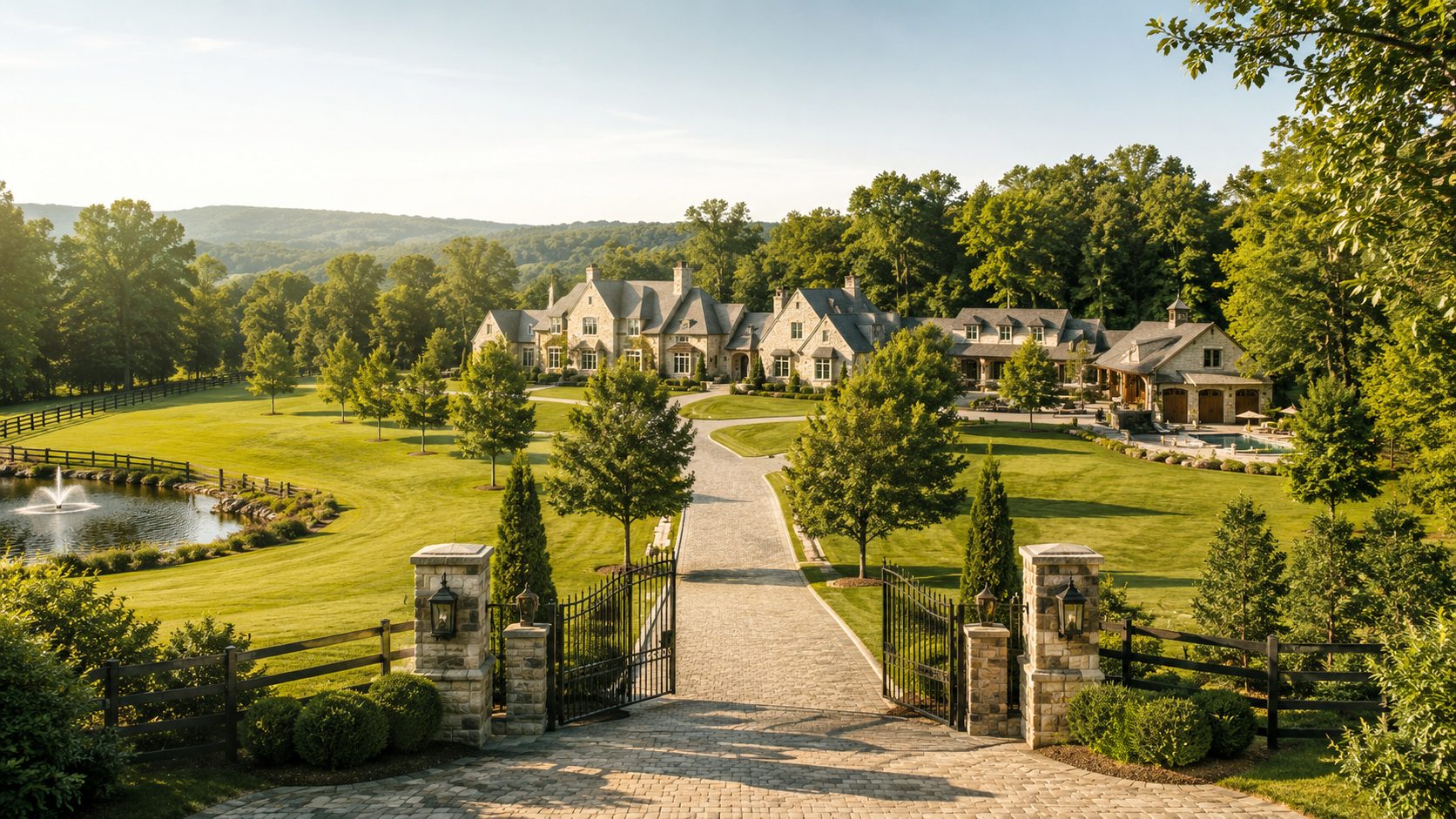 Private East Tennessee luxury estate with gated entrance, acreage, long driveway, manicured grounds, and mountain views