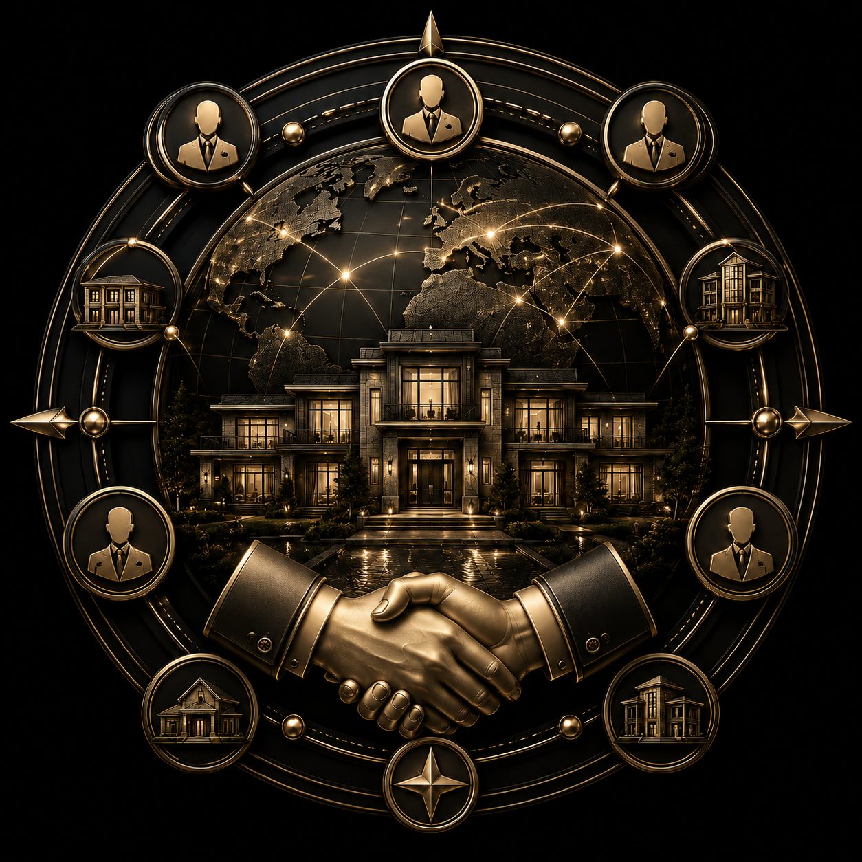 Broader relationships icon with luxury home, global network, and partnership elements