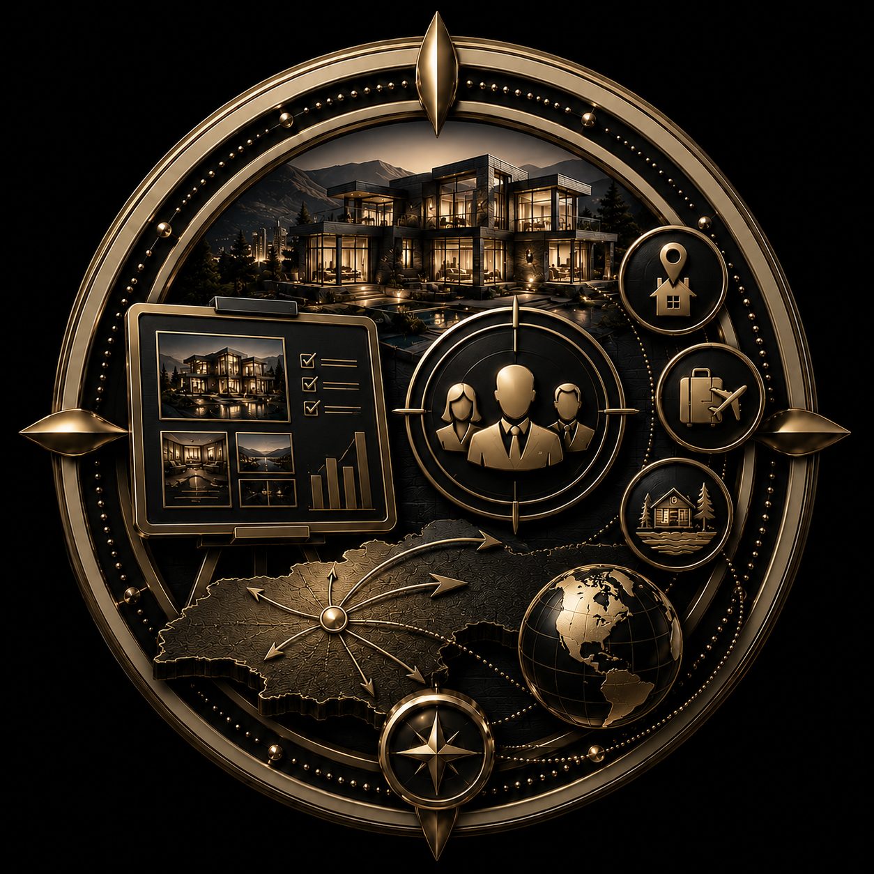 Smarter seller strategy icon with luxury property, audience targeting, and market strategy elements