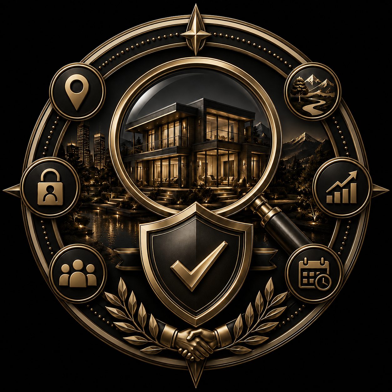 Confident buyer guidance icon with luxury home, magnifier, shield, and lifestyle location elements