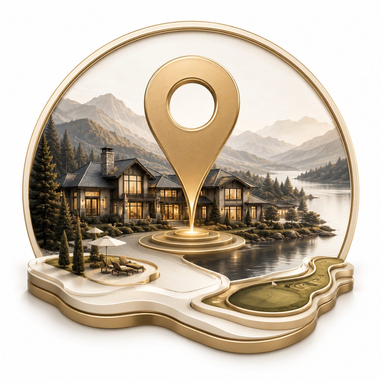 Better property positioning icon with luxury home, location marker, lake, mountain, and lifestyle elements
