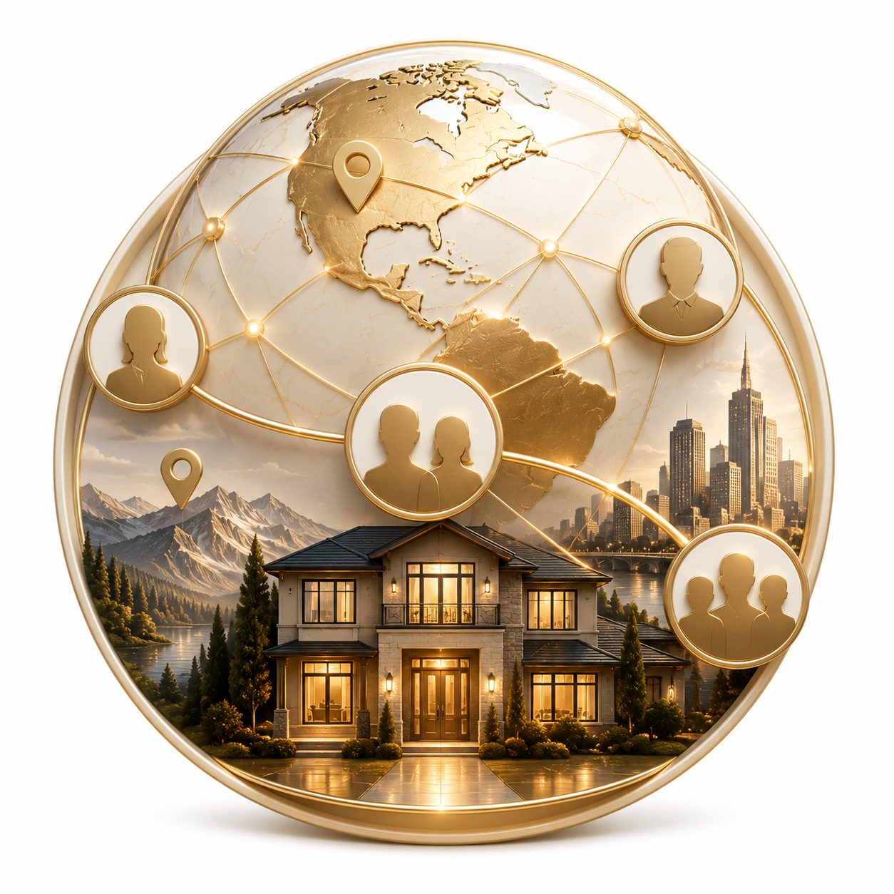 Stronger buyer awareness icon with luxury home, buyer profiles, globe, and broader real estate network