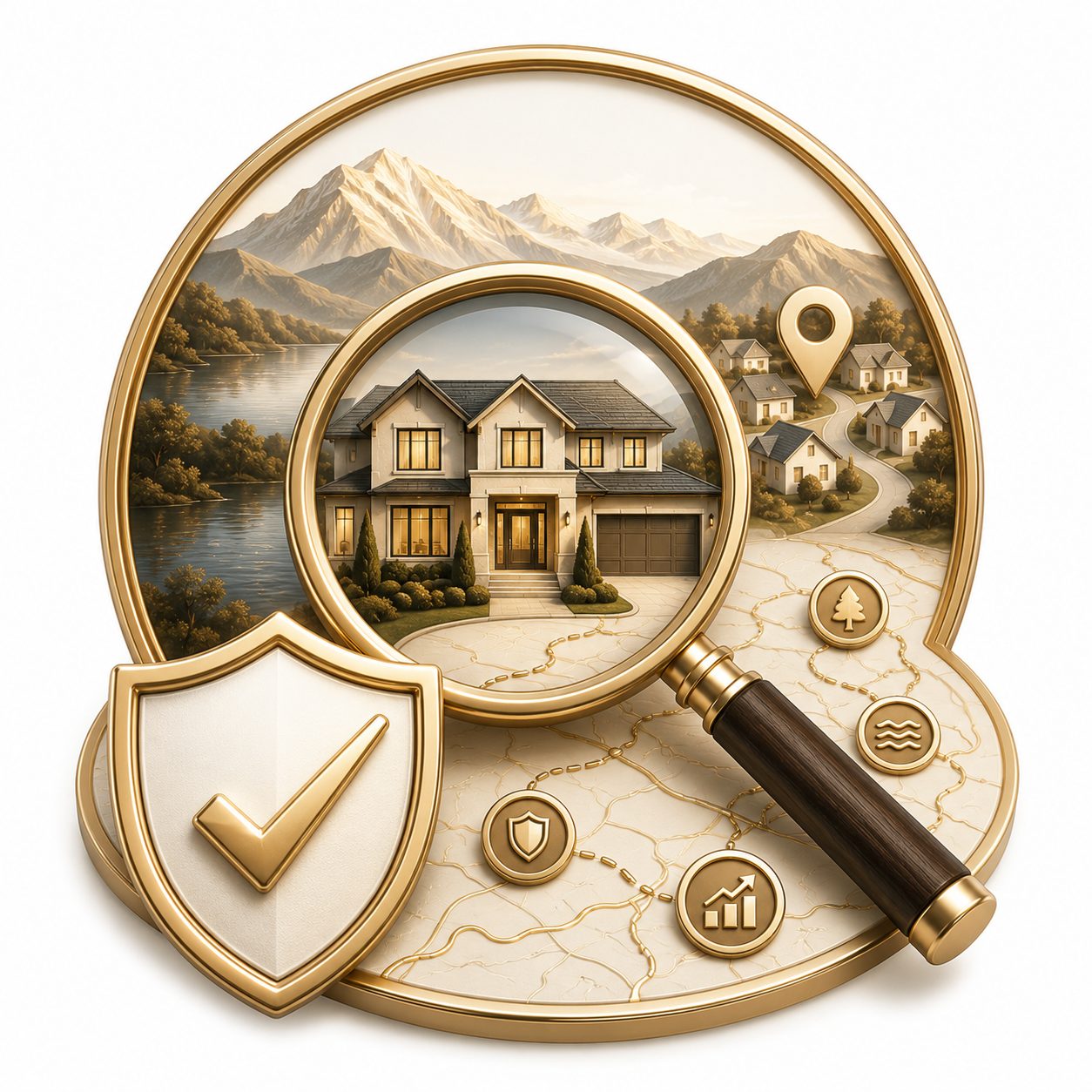 More informed buyer guidance icon with luxury home, magnifying glass, shield checkmark, map, and lifestyle cues