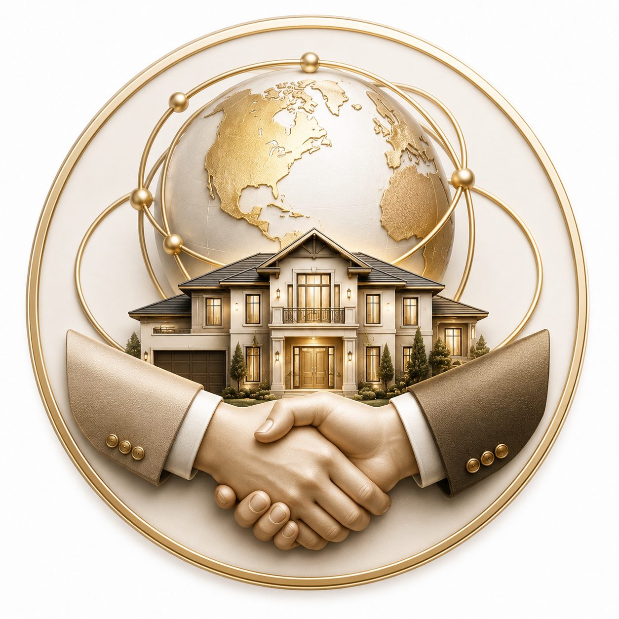 Relationship-based reach icon with luxury home, handshake, globe, and professional real estate network