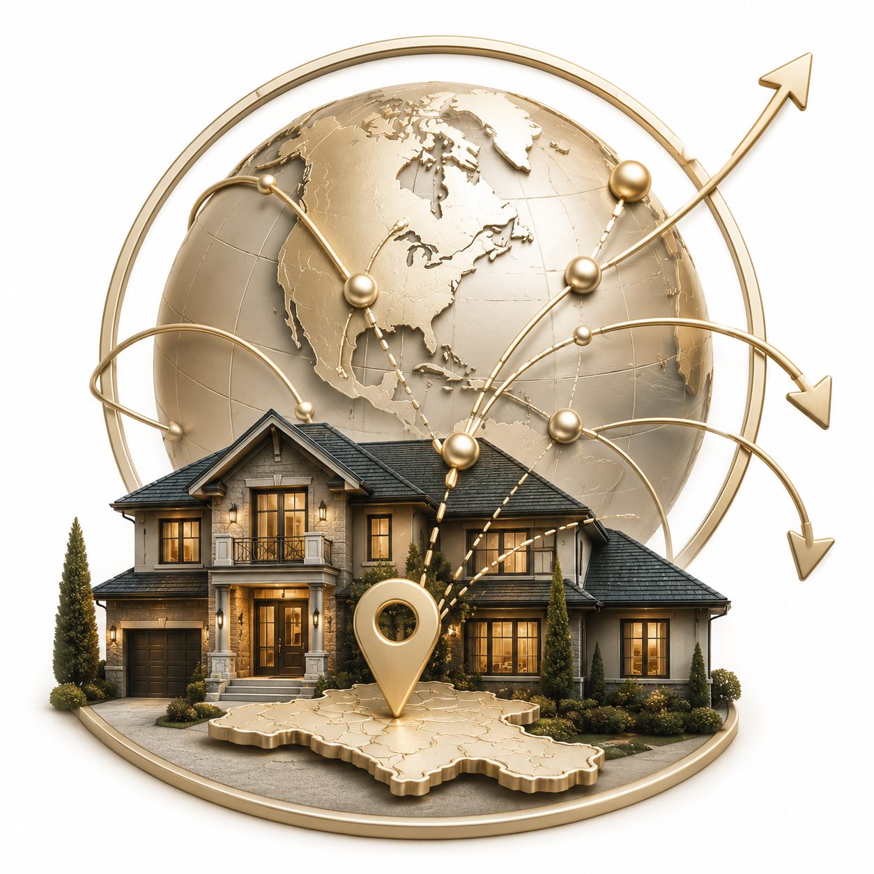 Local-to-broader strategy icon with East Tennessee luxury home, map marker, globe, and market connection lines