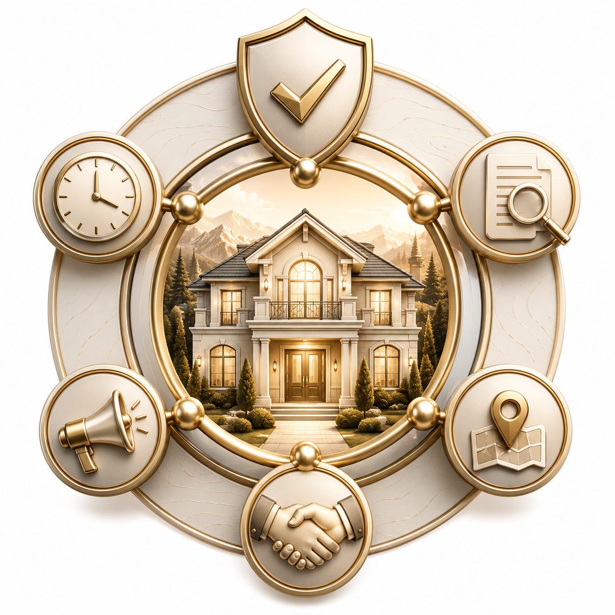 Confidence through connection icon with luxury home, shield checkmark, handshake, timing, marketing, negotiation, and location symbols