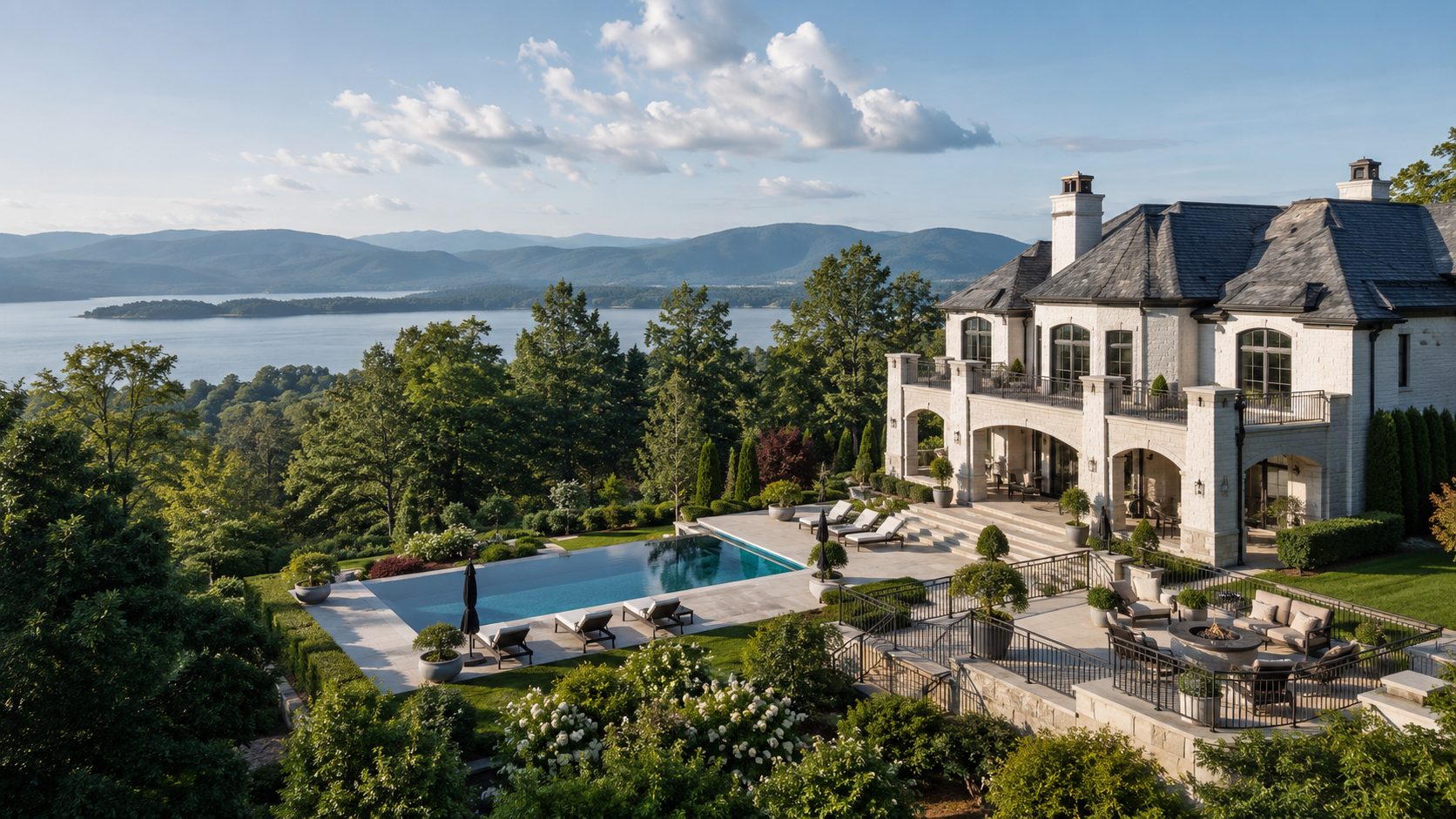 East Tennessee luxury estate with pool, lake views, mountain scenery, outdoor living, and polished property positioning