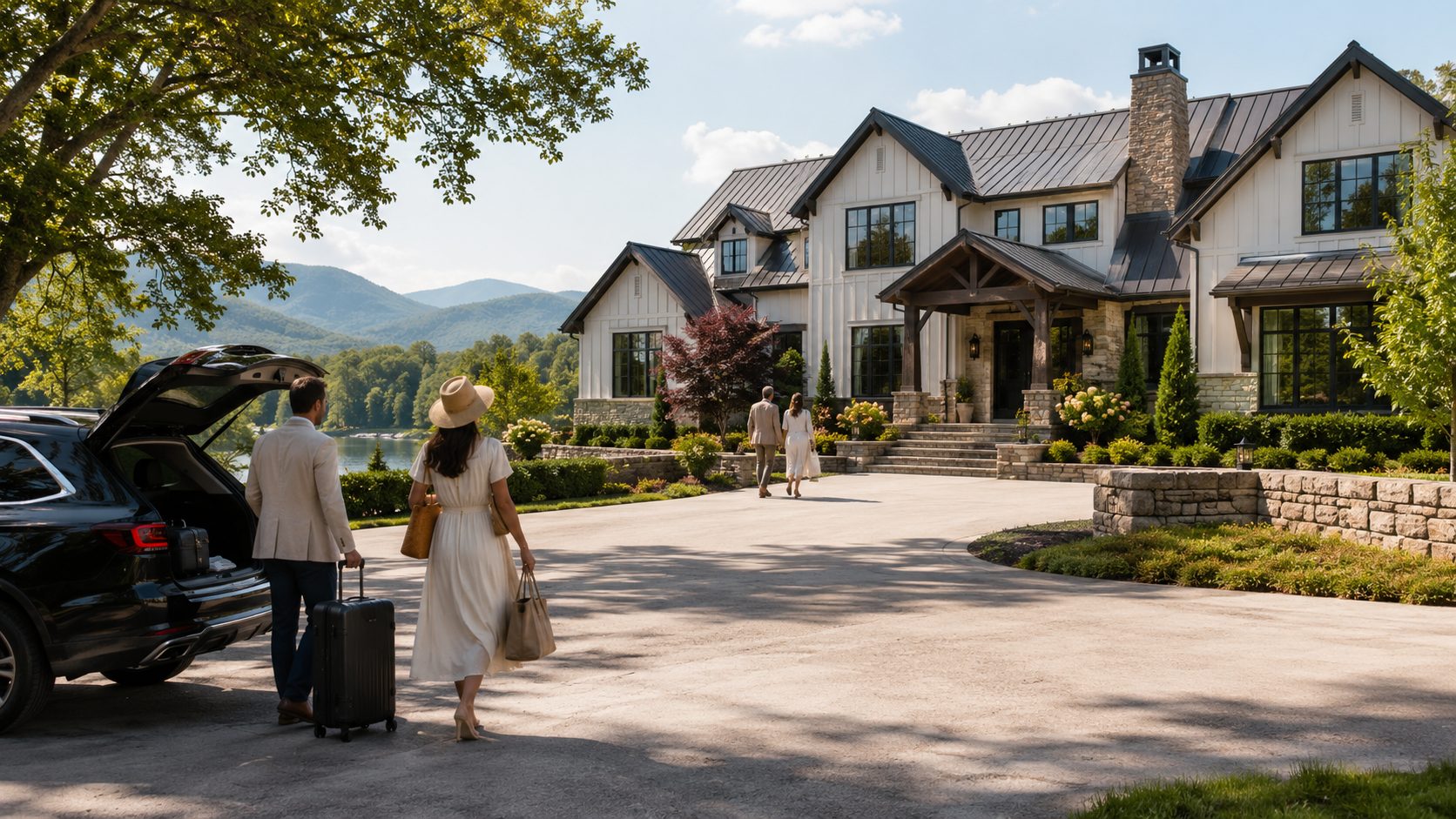 Relocating luxury buyers arriving at an East Tennessee estate with lake and mountain views
