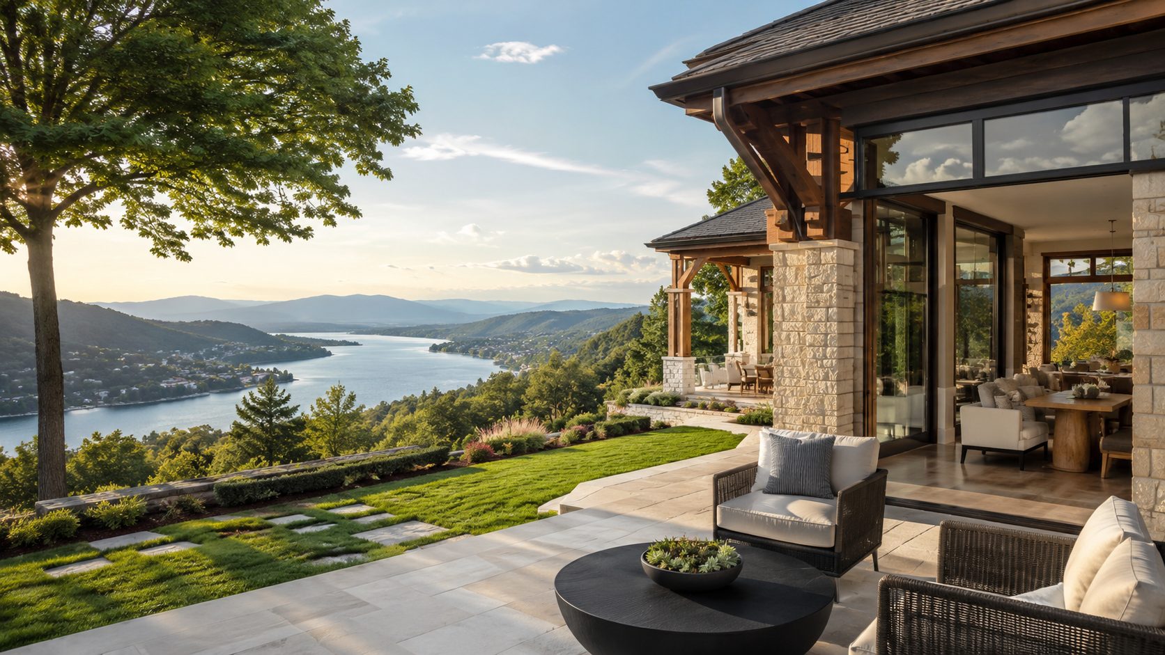 East Tennessee luxury home terrace with lake and mountain views representing local-to-broader real estate strategy