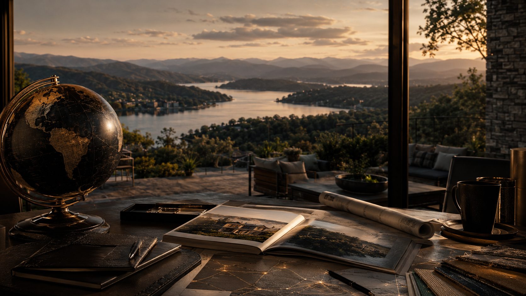 East Tennessee luxury real estate workspace with globe, property materials, lake views, and mountain scenery representing local knowledge and broader connections