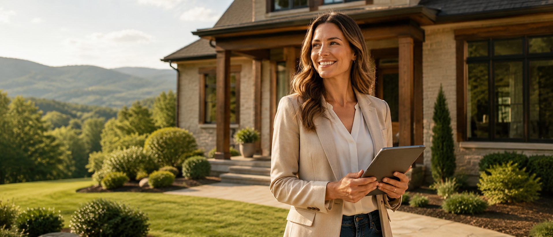 East Tennessee real estate agent with tablet outside a residential home