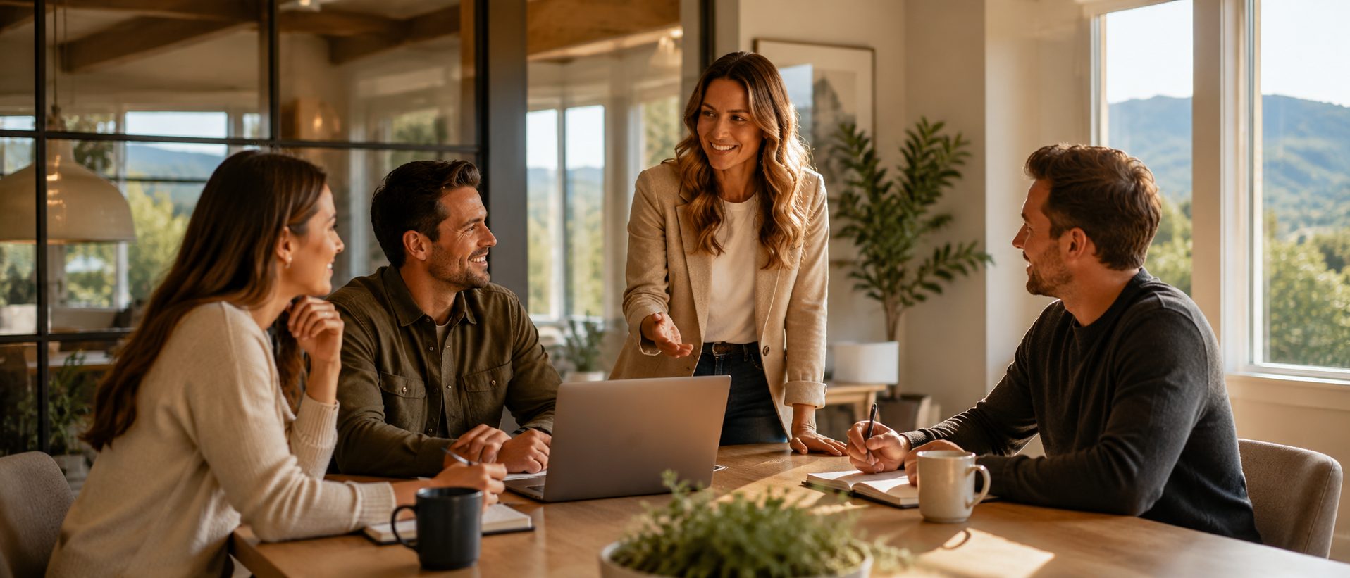 Real estate professionals collaborating in a bright office settin