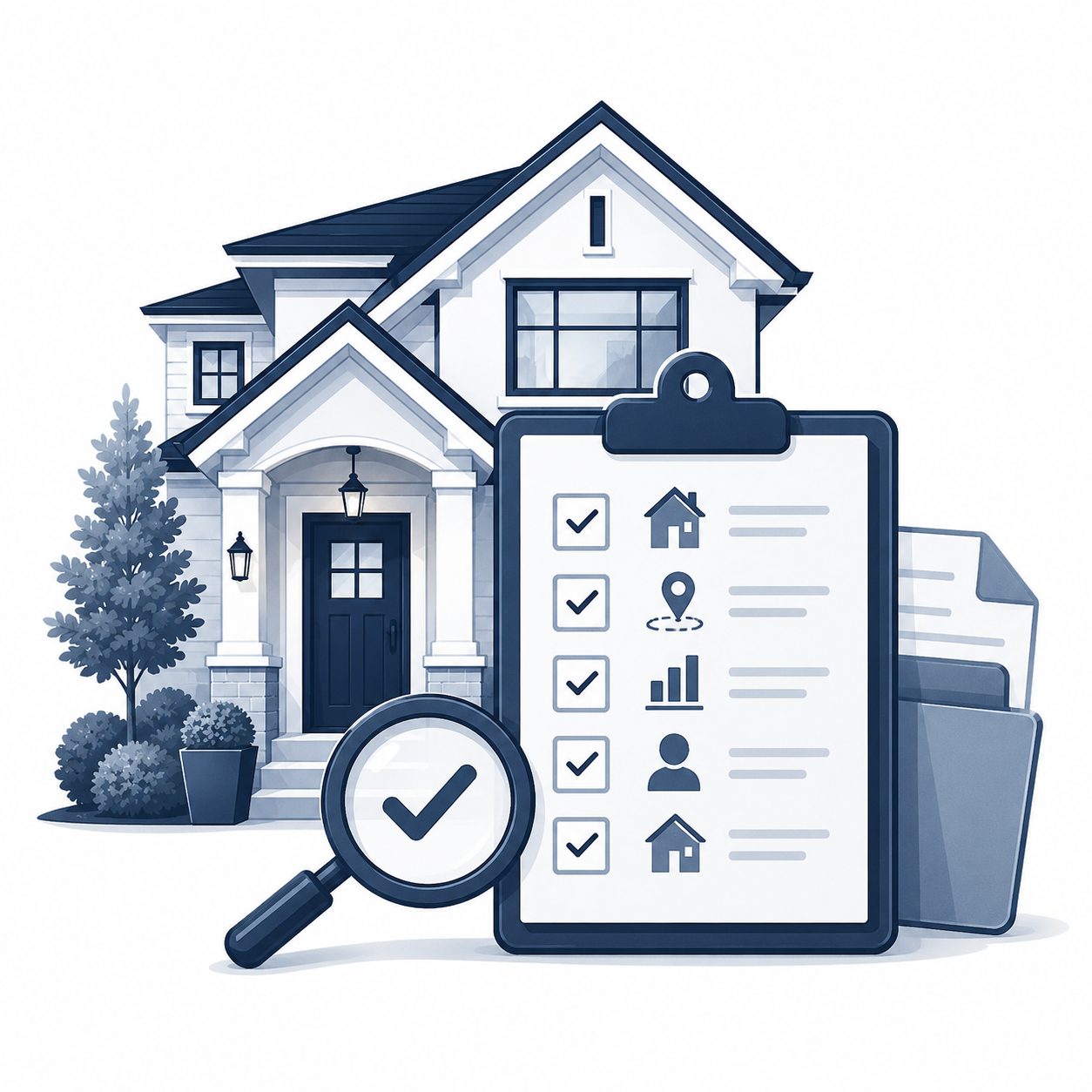 Real estate relocation support review icon showing checklist planning for buying, selling, market guidance, and agent connections.