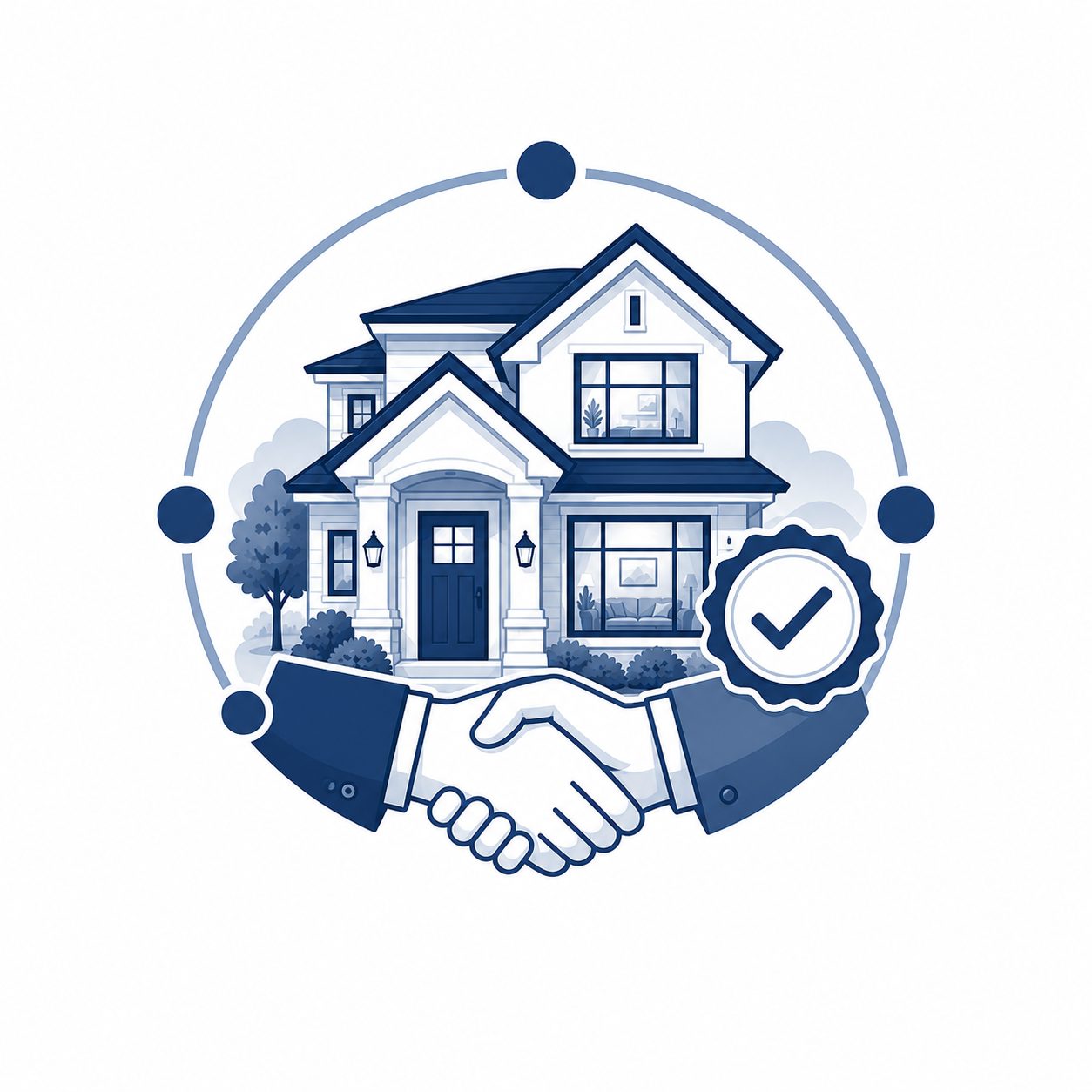 Quality-focused real estate connections icon showing a trusted agent relationship, handshake, and approval badge.