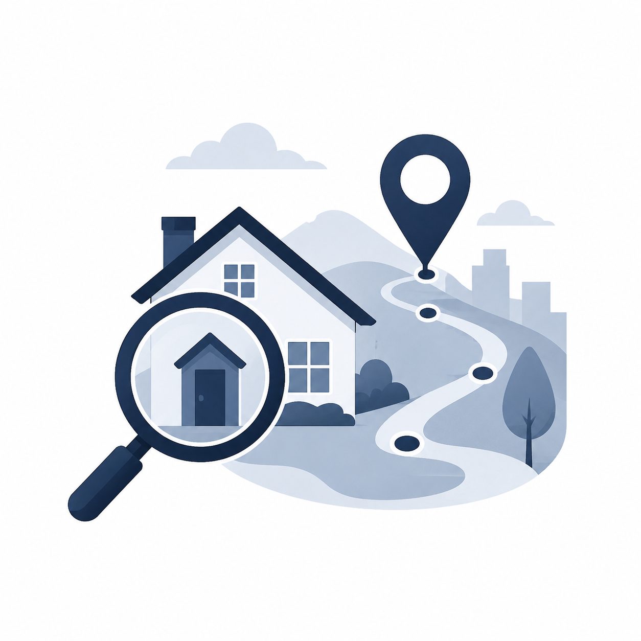 Real estate referral icon showing a home search, destination path, and guidance beyond online search results.