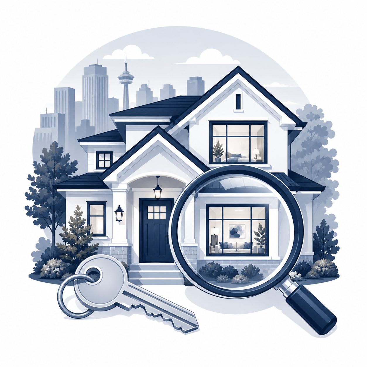 Buyer referral help icon showing a house search, magnifying glass, and key for home buying support in another market.
