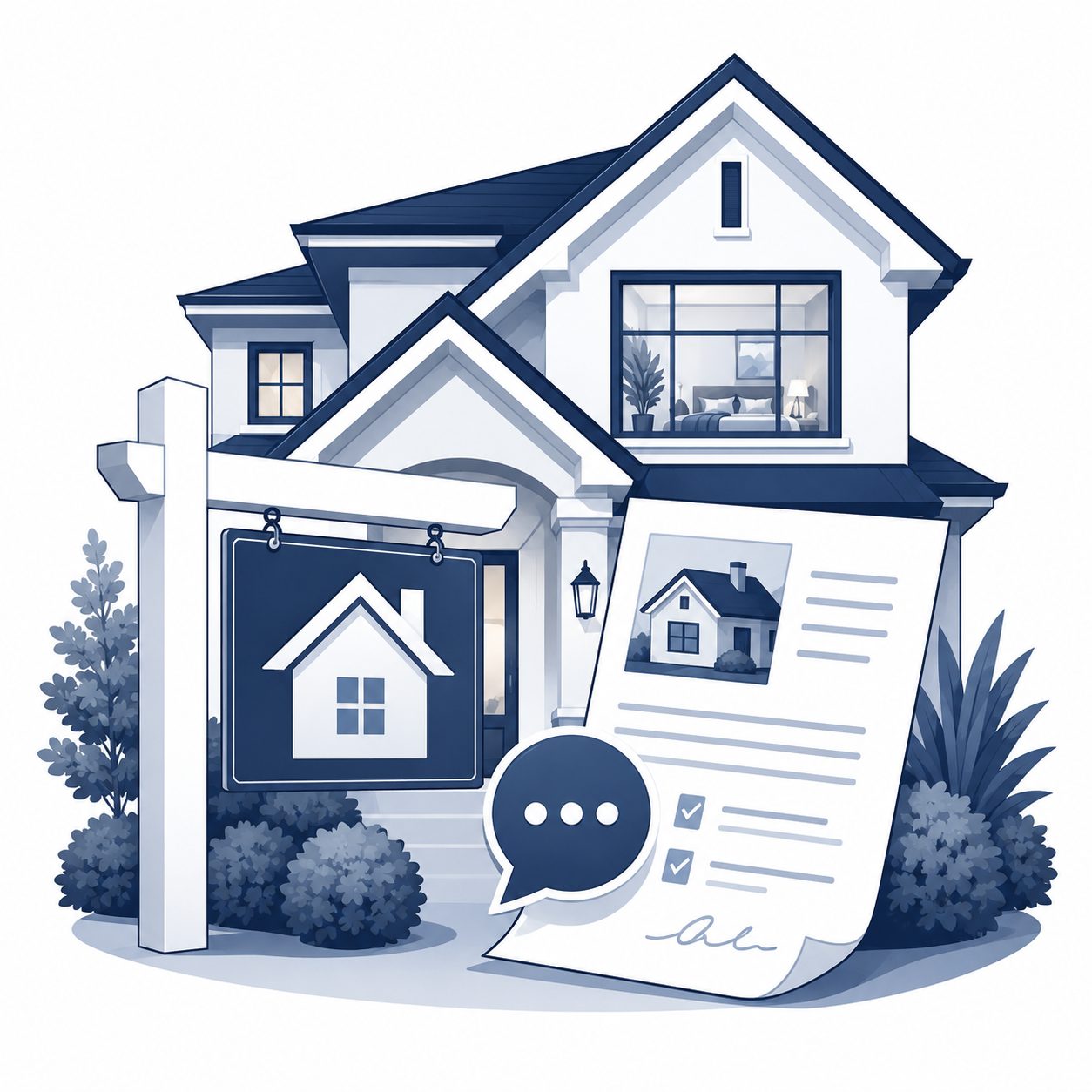 Seller referral support icon showing a for sale sign, property document, and listing help for homes outside East Tennessee.
