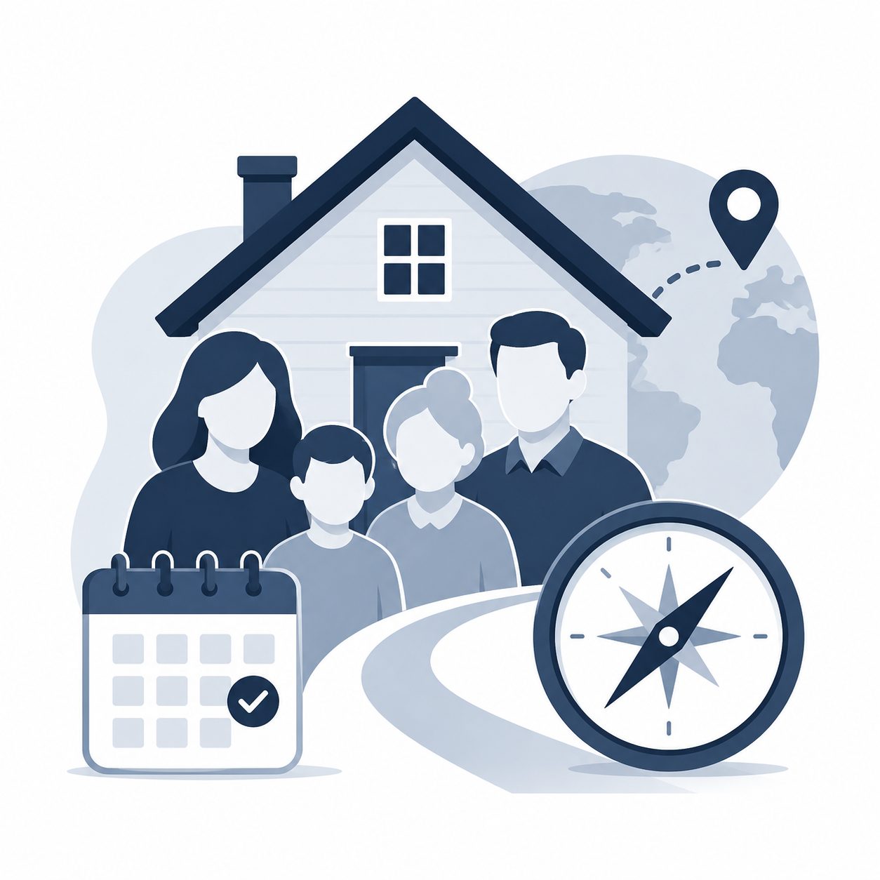 Family real estate planning icon showing a family, home, compass, and calendar for future move guidance.