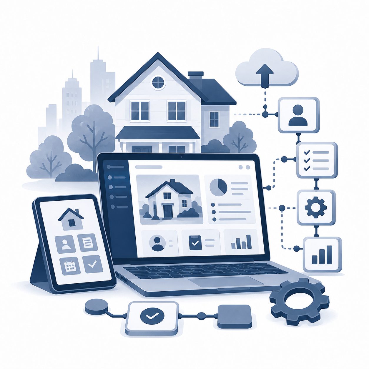 Real estate technology and systems icon showing agent platforms, workflow tools, client organization, and marketing systems.