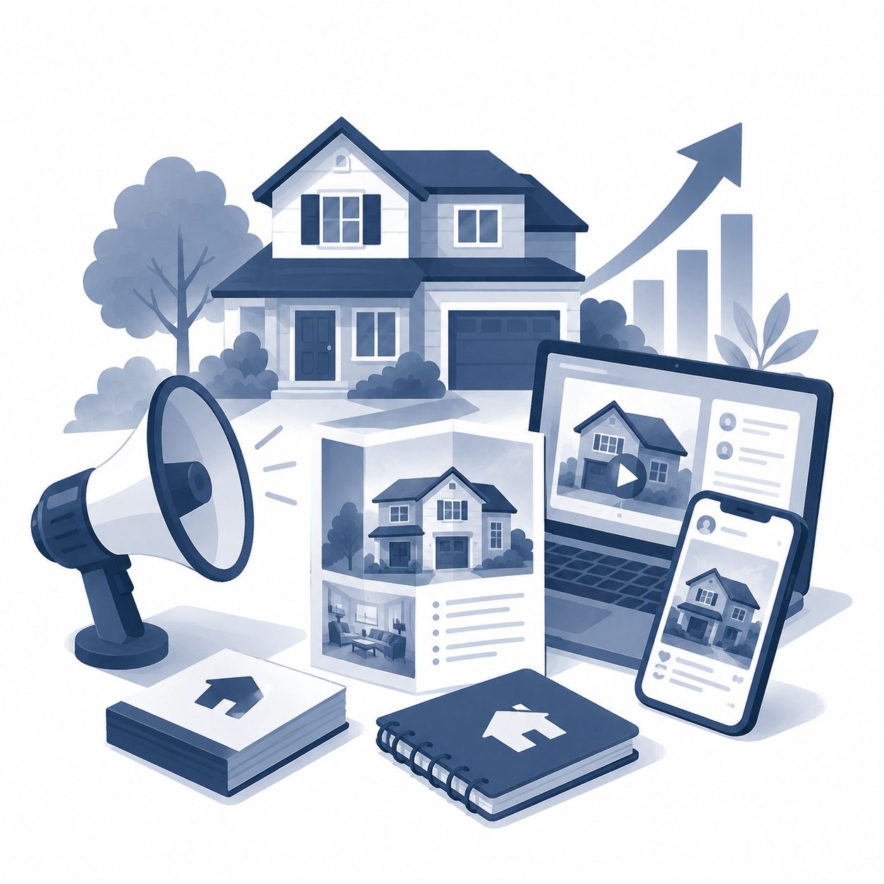 Real estate marketing resources icon showing property promotion tools, digital marketing, print materials, and brand support.