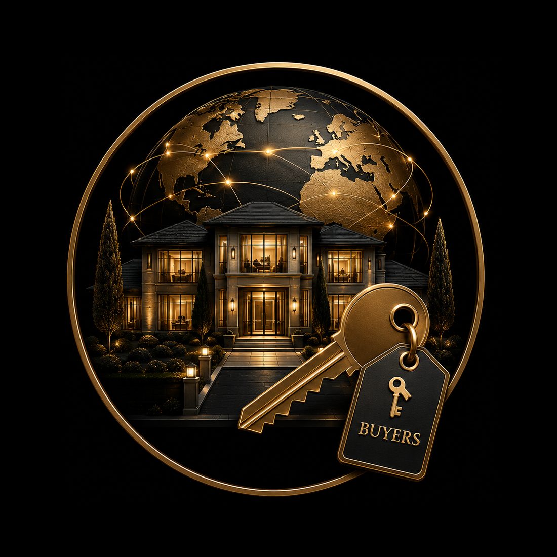 Luxury home with gold key and global network on black background representing luxury buyer services