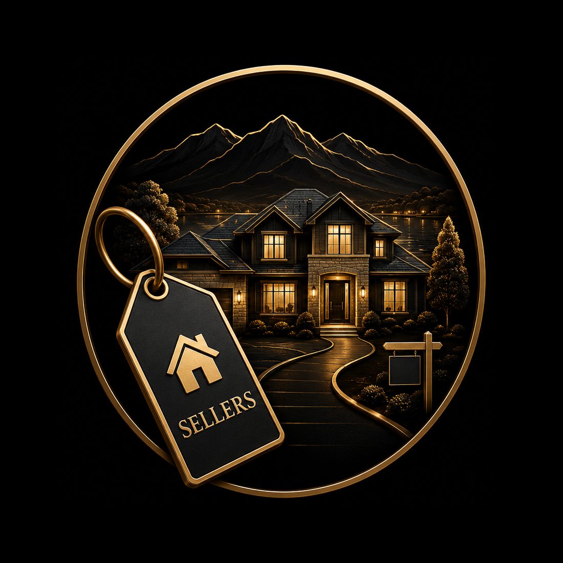 Luxury home with gold seller tag on black background representing East Tennessee luxury real estate seller services