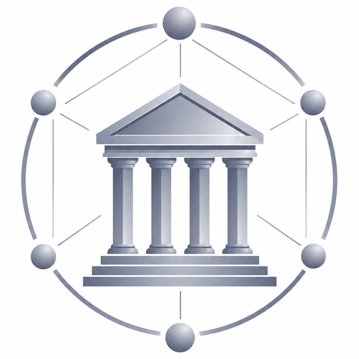 Classical business building surrounded by connected network points representing 550 member companies
