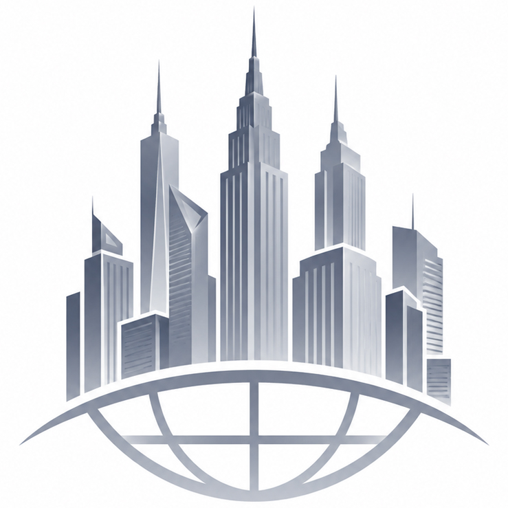 Stylized global city skyline representing luxury real estate connections across major markets