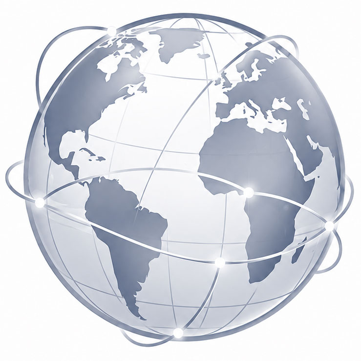 World globe with connected routes representing luxury real estate reach across more than 70 countries