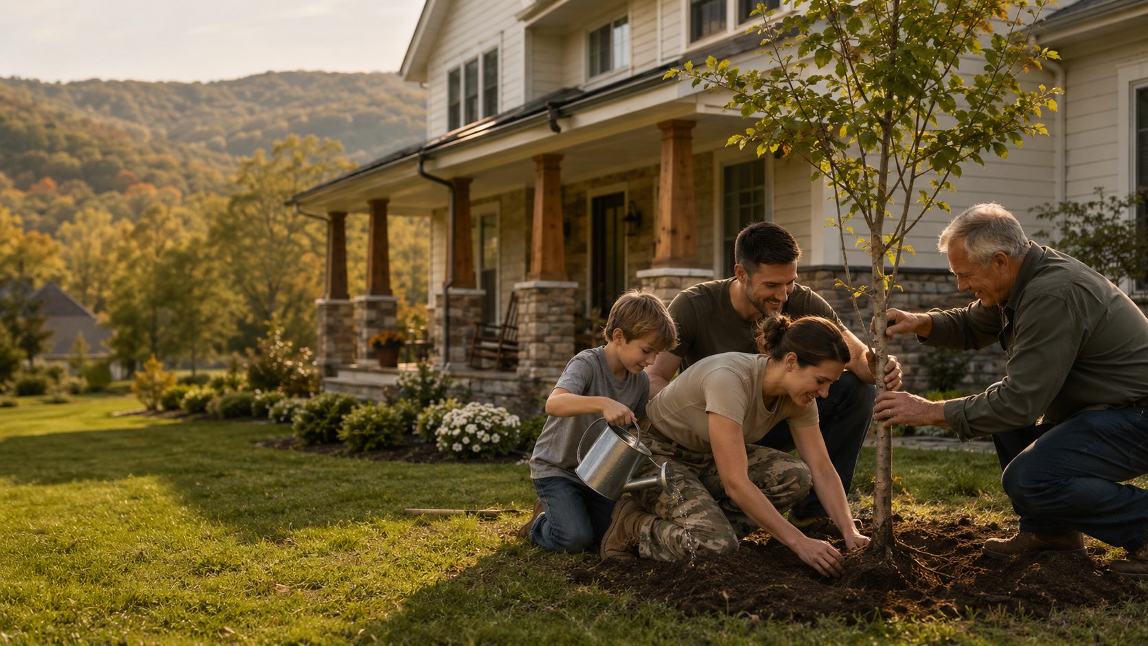 Active-duty service member and military family planting a tree outside their East Tennessee home