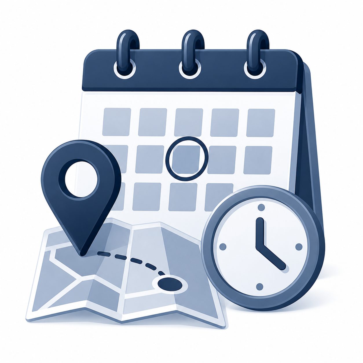 Relocation planning icon showing a calendar, map, and clock for setting a move date and planning a relocation timeline.