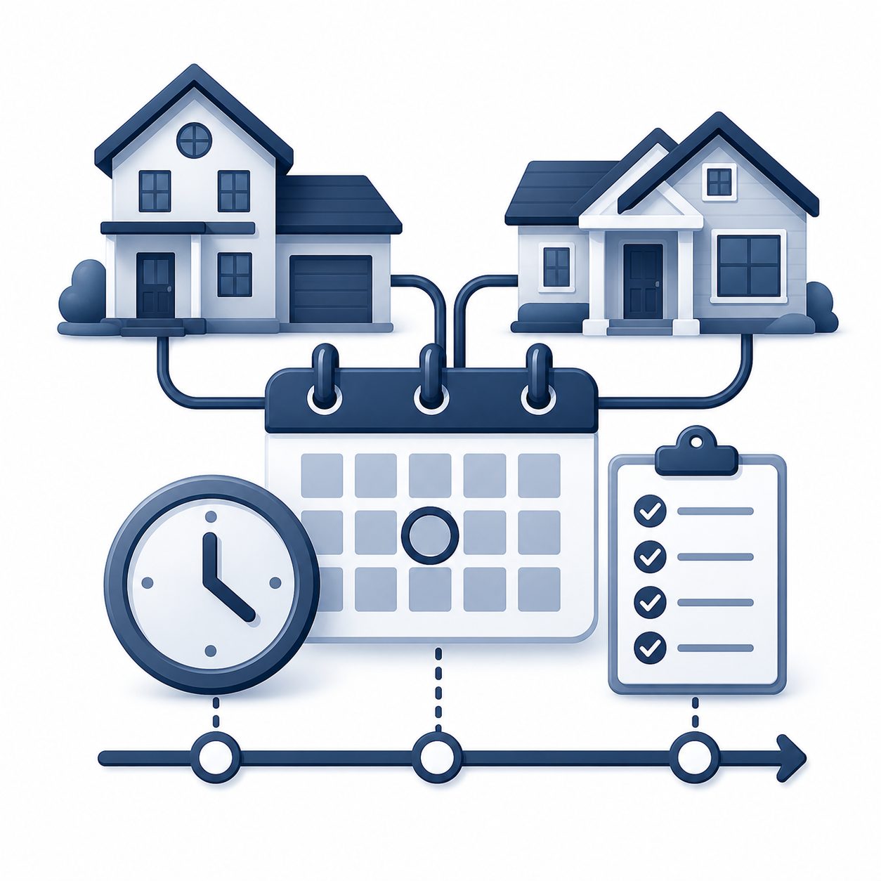 Real estate timeline icon showing two homes, a calendar, a checklist, and a clock for coordinating selling and buying timelines.
