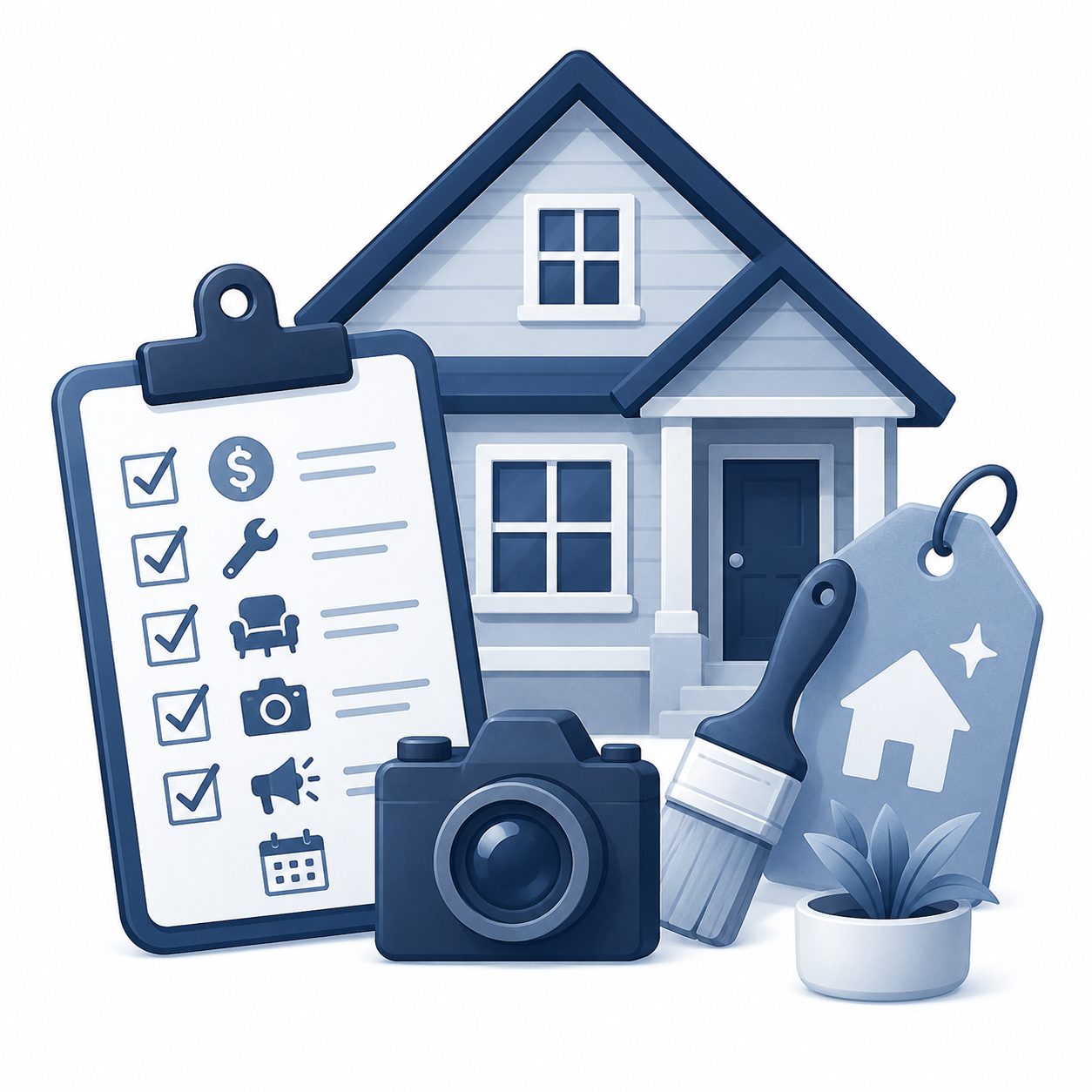 Home preparation icon showing a checklist, camera, paintbrush, and home for pricing, repairs, staging, photography, and listing preparation.