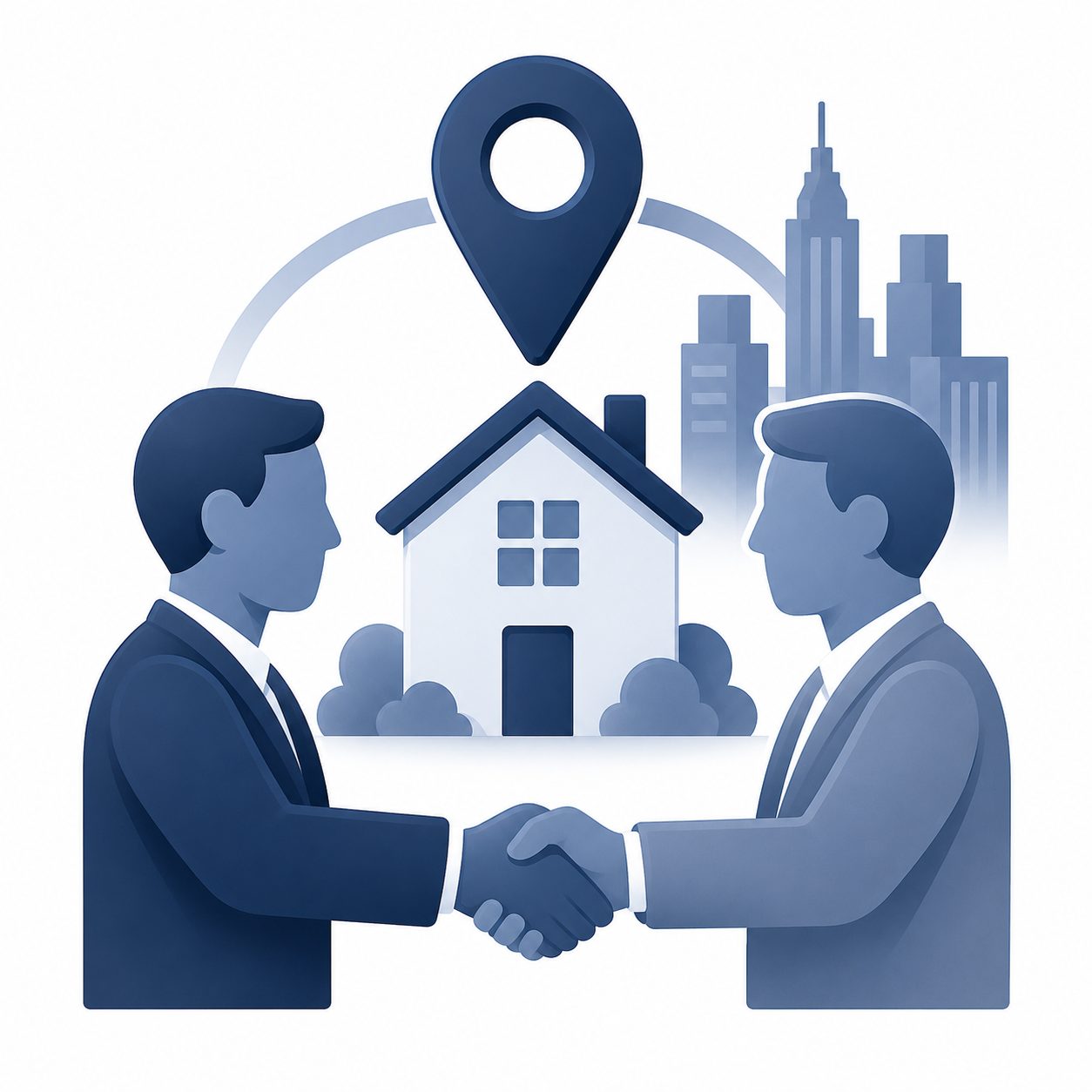 Real estate referral icon showing a home, map pin, skyline, and handshake for connecting with an agent in a destination market.