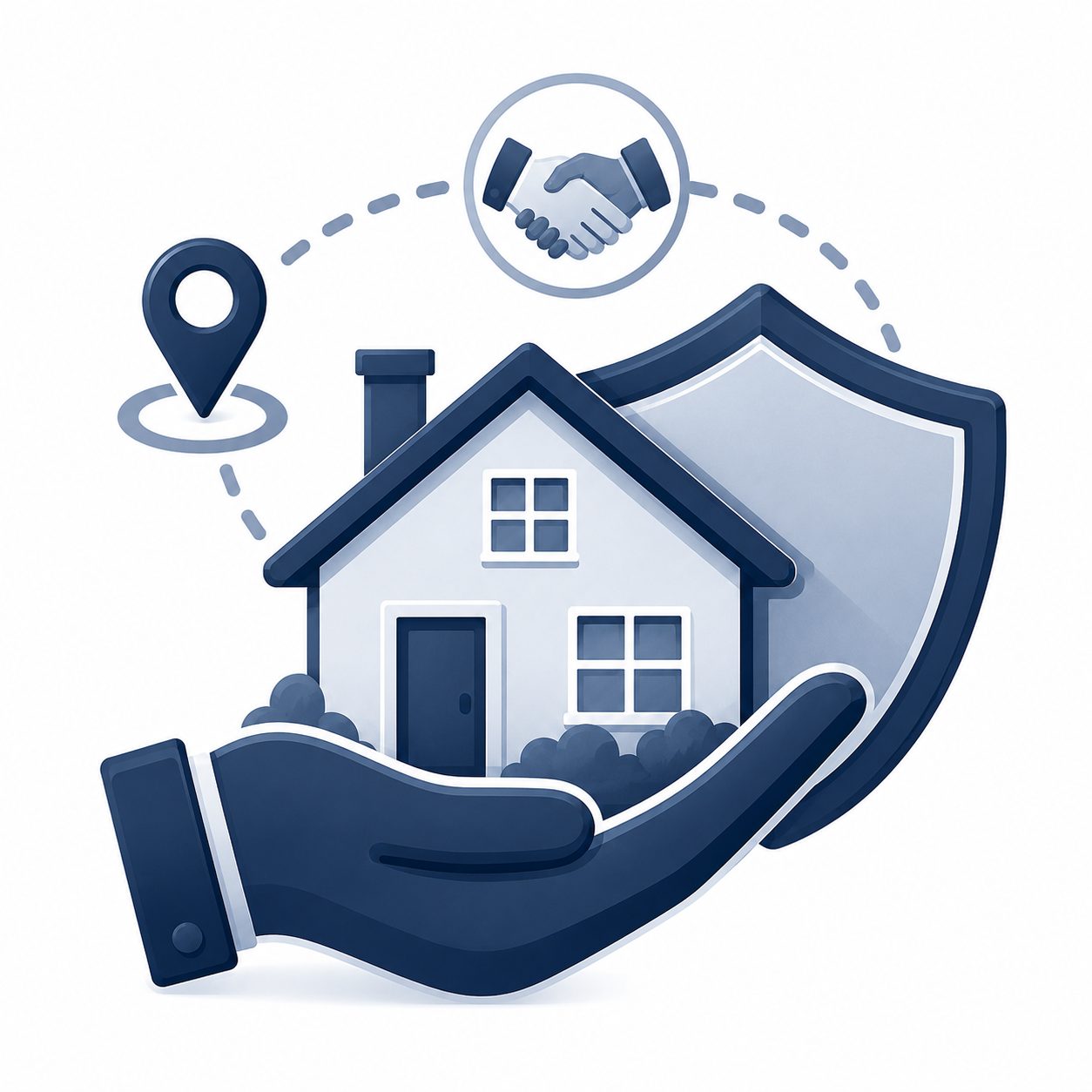 Real estate support icon showing a protected home, location marker, and handshake for ongoing Wallace guidance during a move.