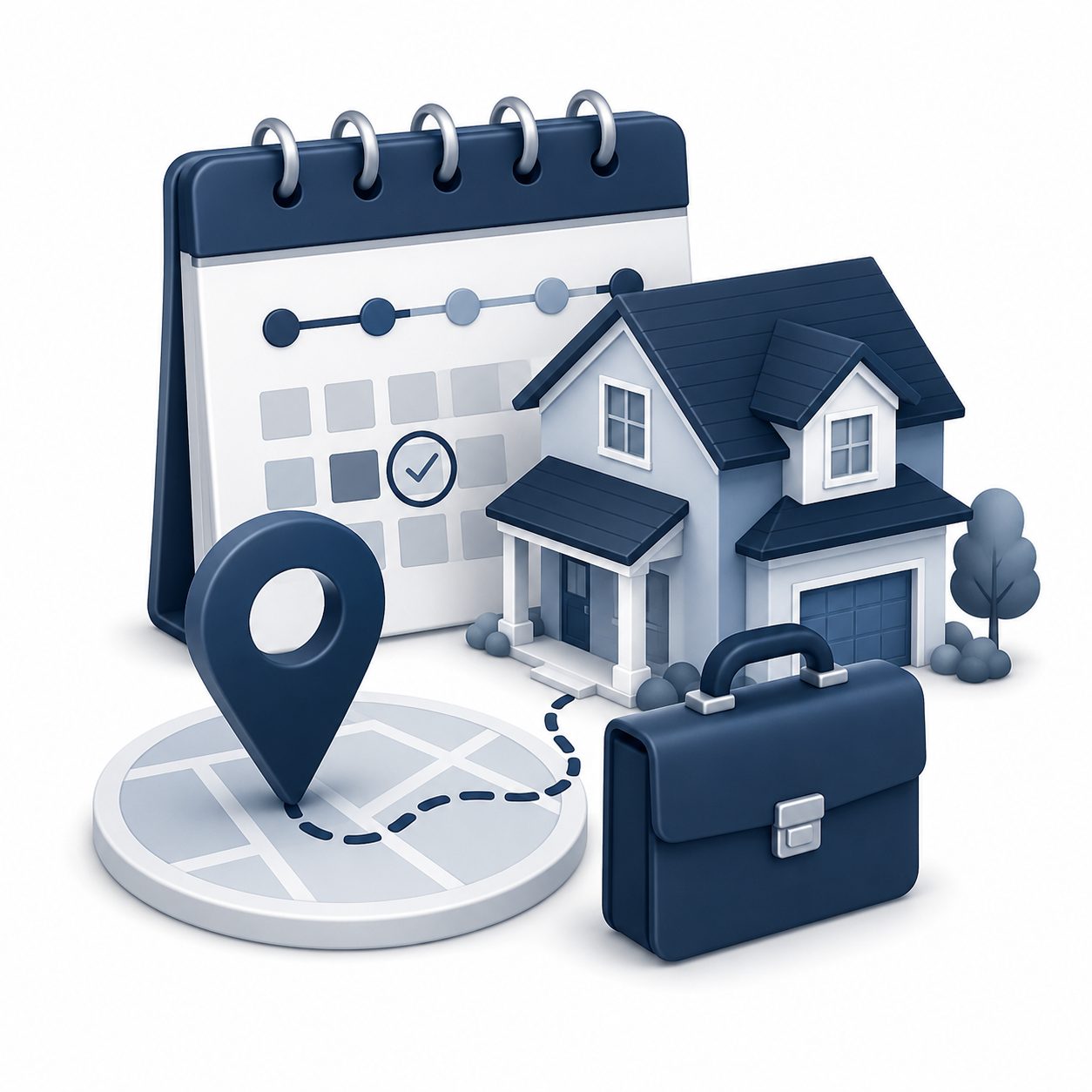Employee relocation planning icon showing a calendar, map pin, briefcase, and home for understanding move timelines and housing needs.