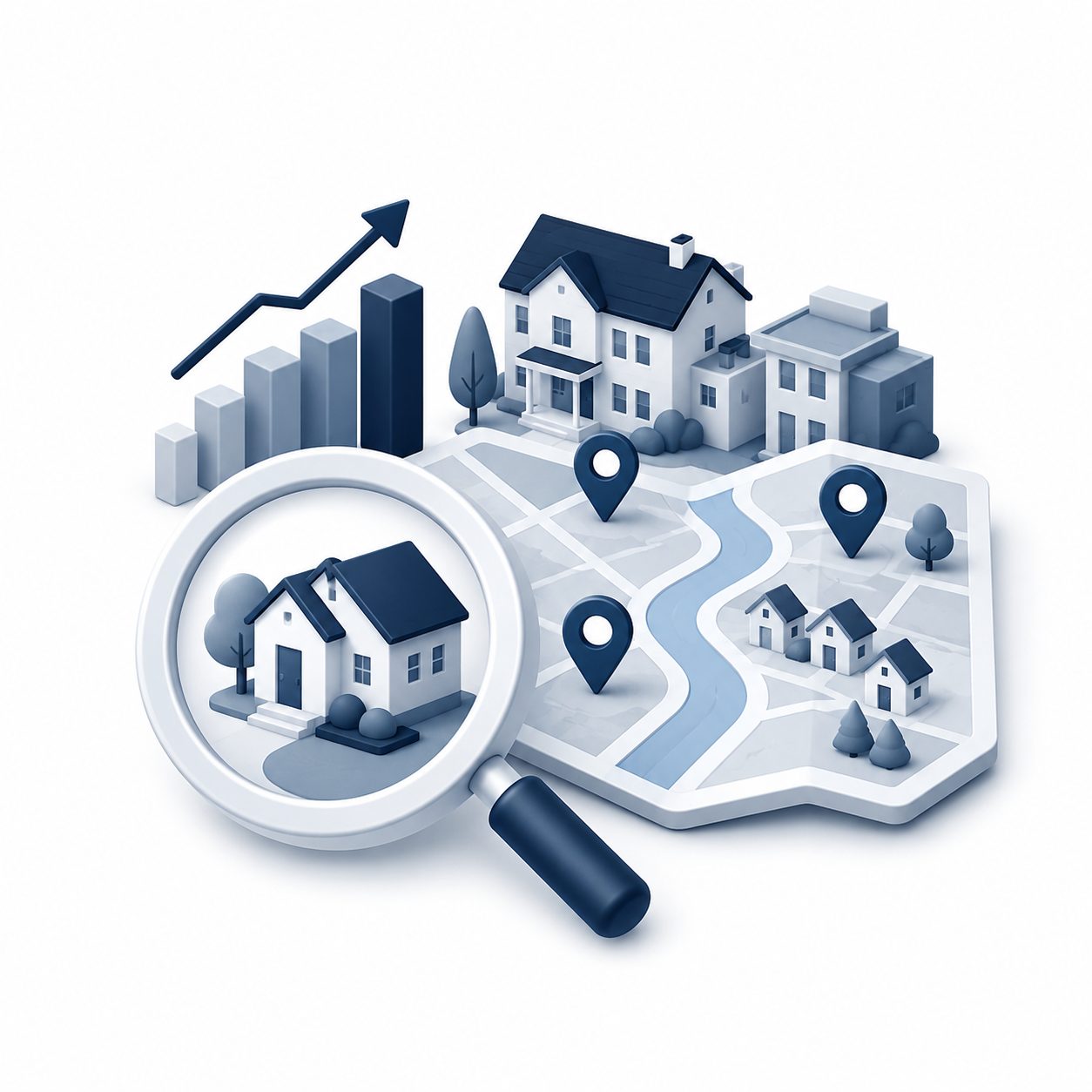 Local relocation support icon showing a home search, community map, market analysis, and East Tennessee housing guidance.