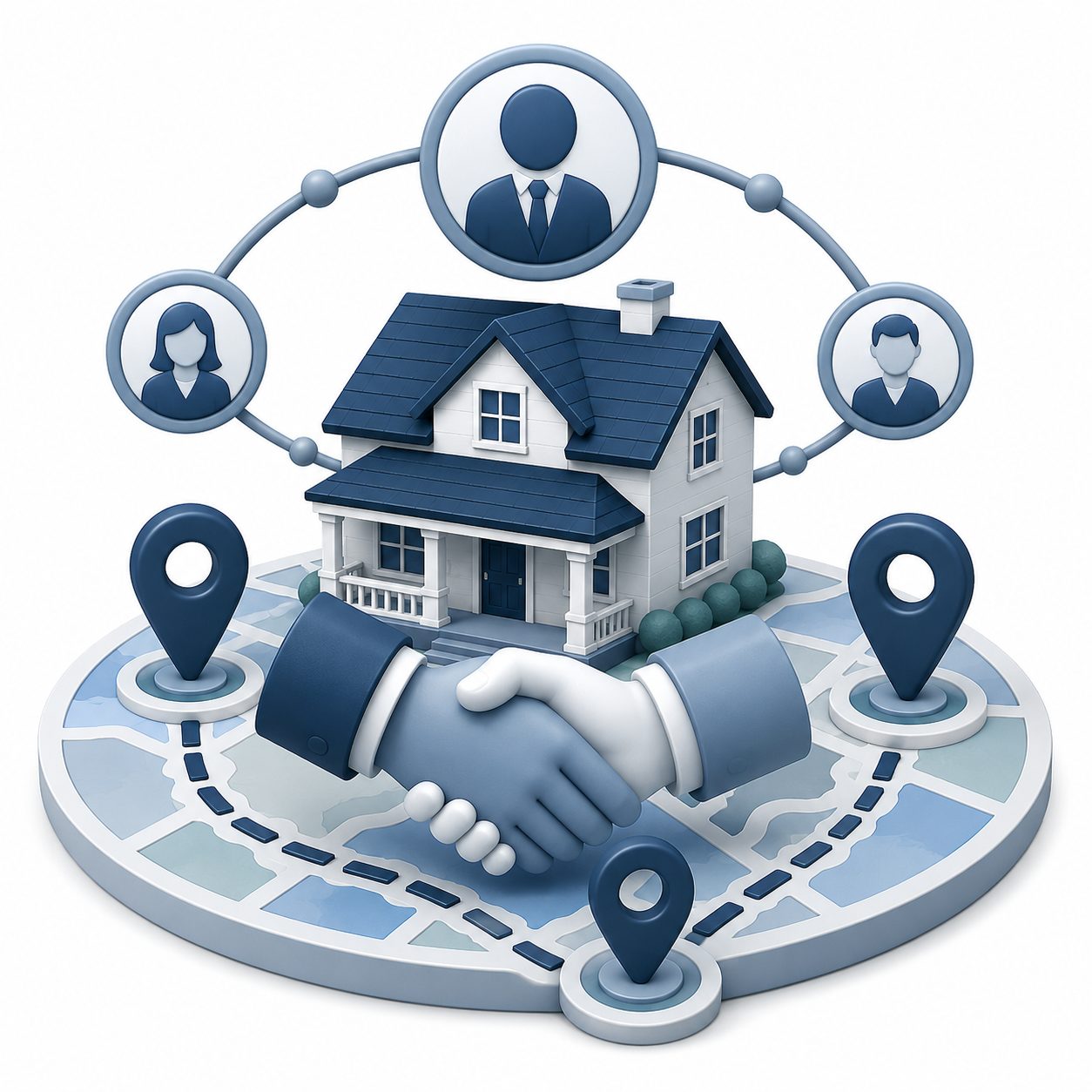 Trusted agent connections icon showing a handshake, home, map pins, and real estate professionals across markets.