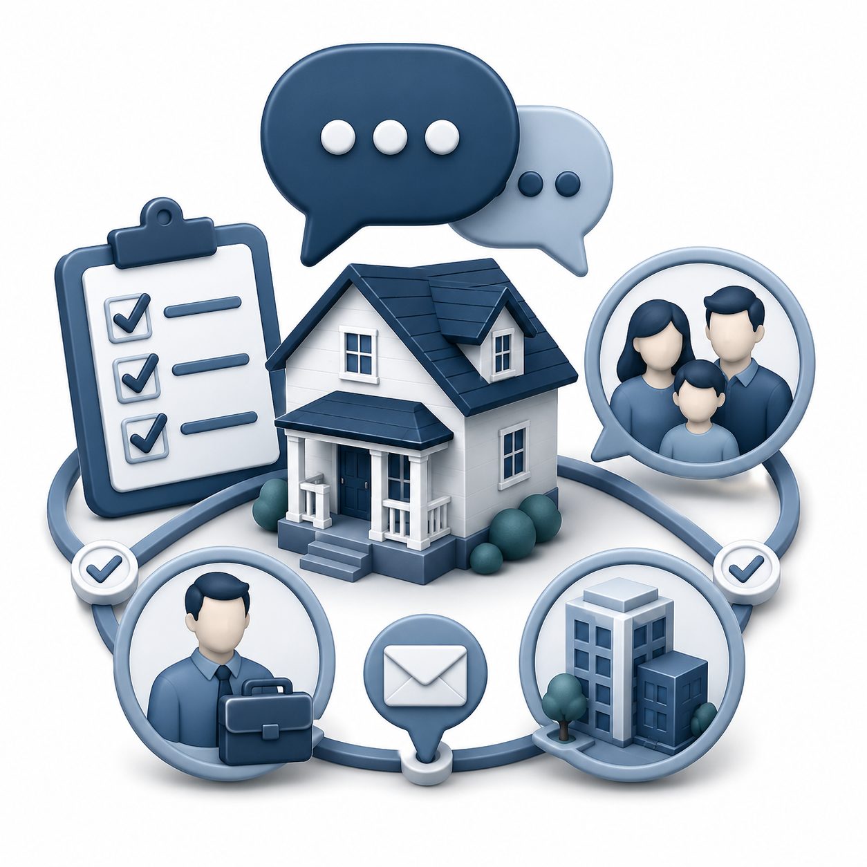 Personalized relocation support icon showing a family, home, calendar, map pin, and guided move planning.
