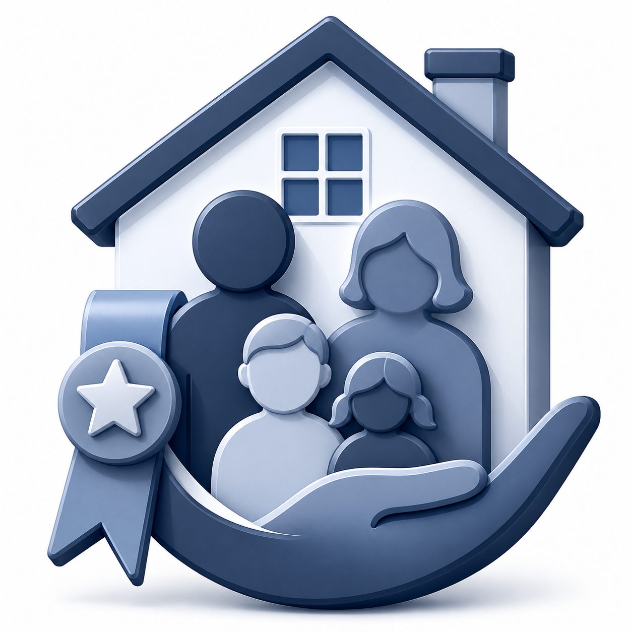 Military family real estate support icon showing a family, protected home, support hand, and recognition ribbon.