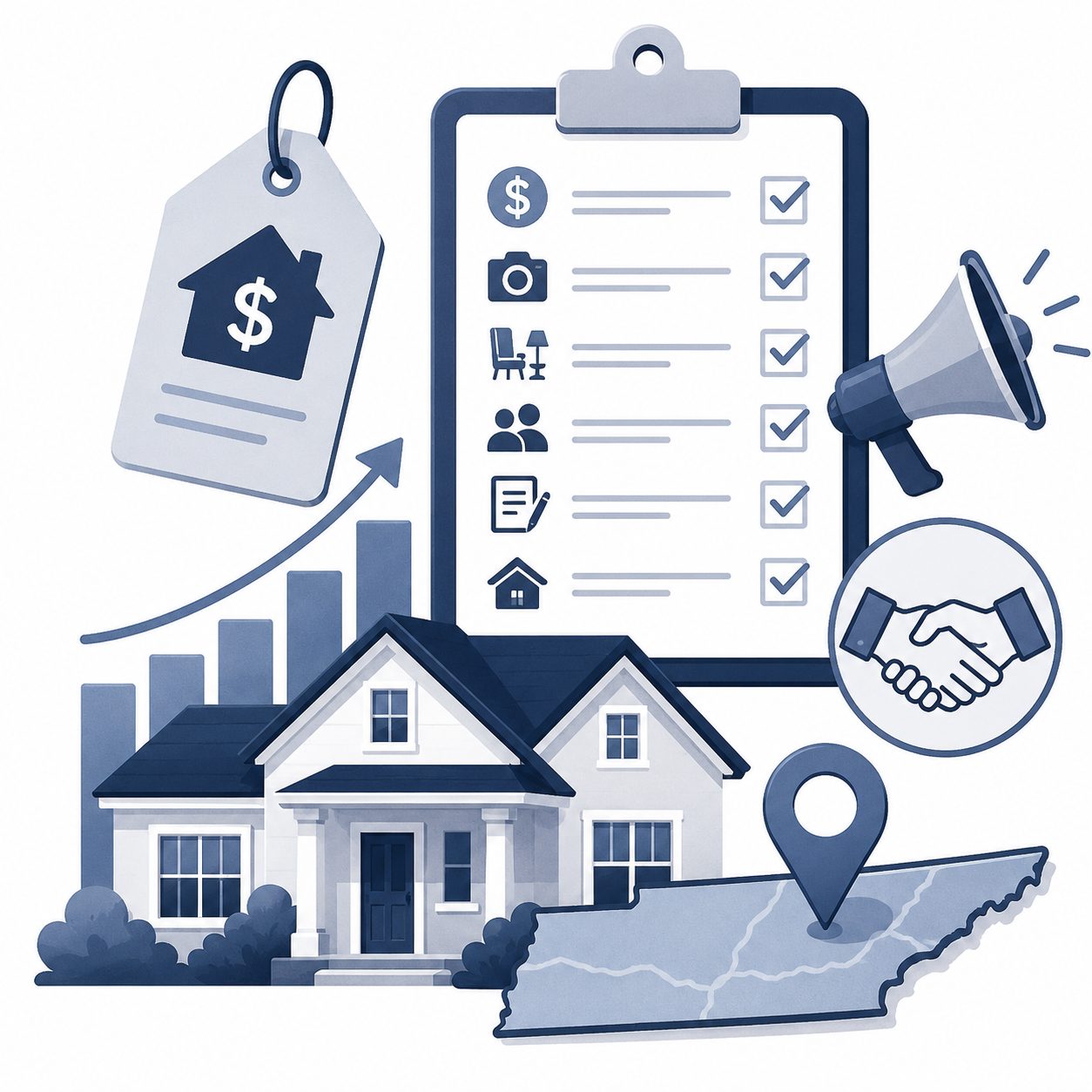 Local sale strategy icon showing home pricing, listing preparation, marketing, showings, offers, and East Tennessee closing expectations.