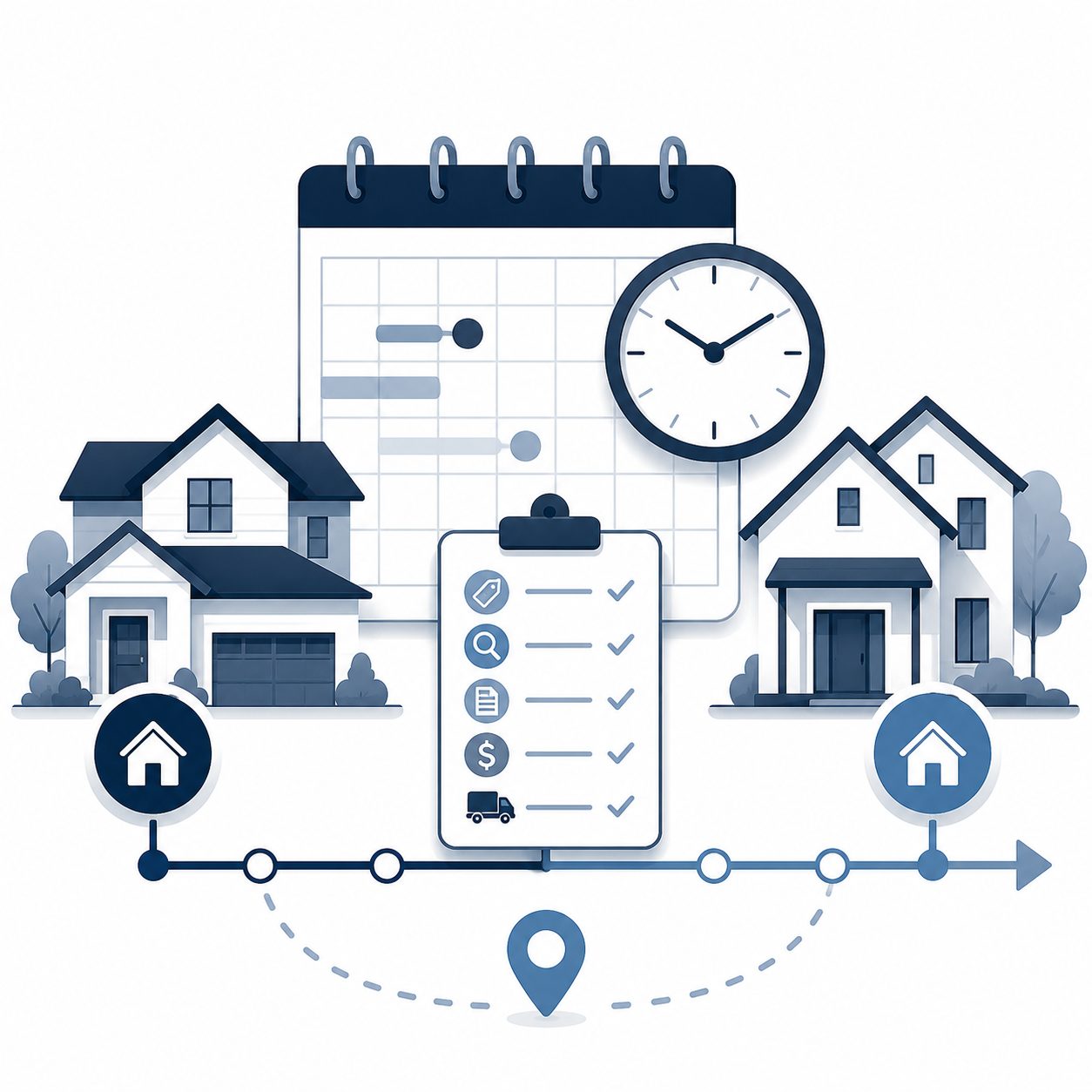 Timeline alignment icon showing listing dates, offer deadlines, inspections, financing, moving plans, and purchase timing.