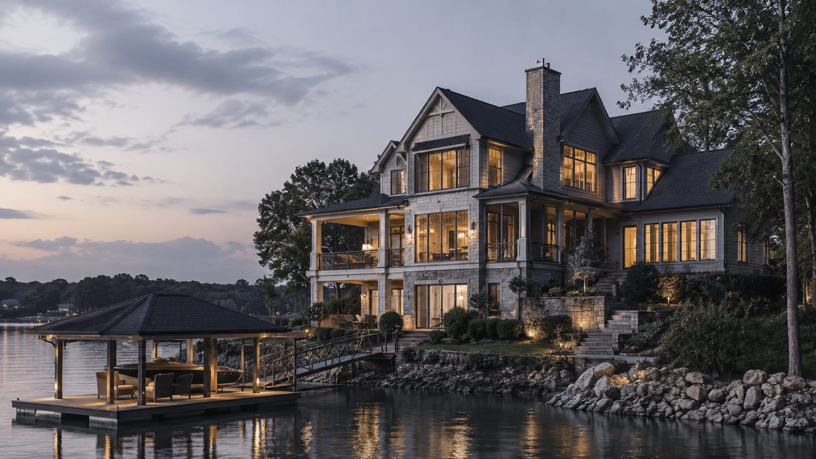 Luxury waterfront home on Tellico Lake with private dock at twilight