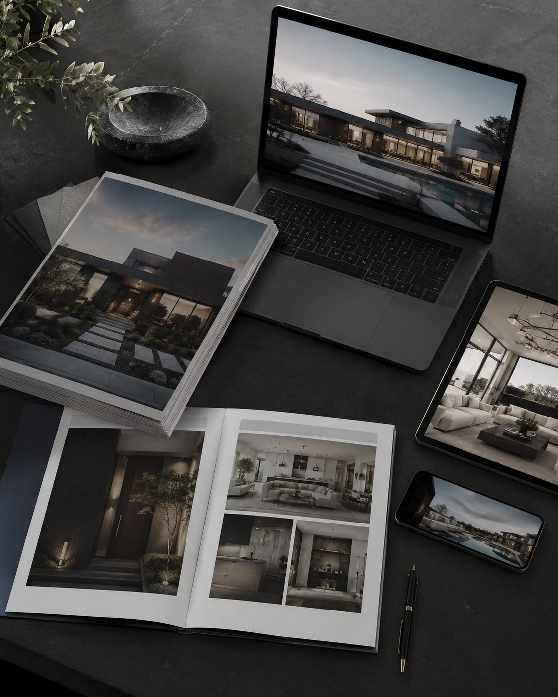 Luxury real estate marketing displayed across print, laptop, tablet, and phone