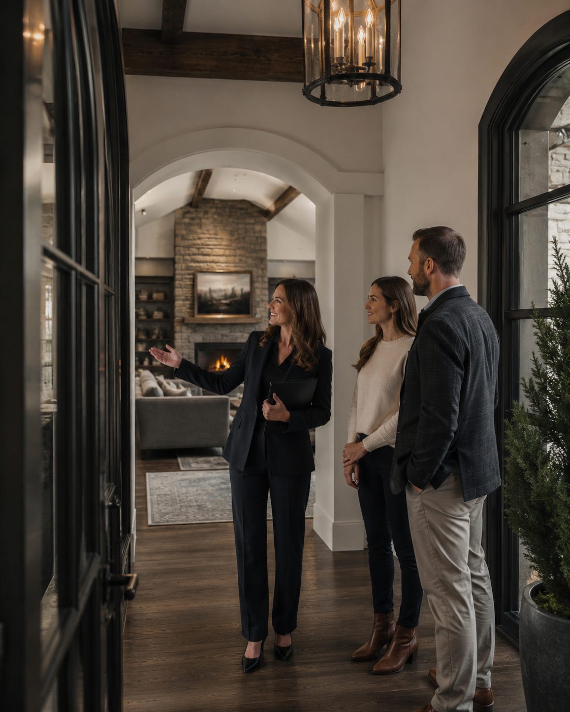 Luxury real estate agent guiding buyers through a private home showing