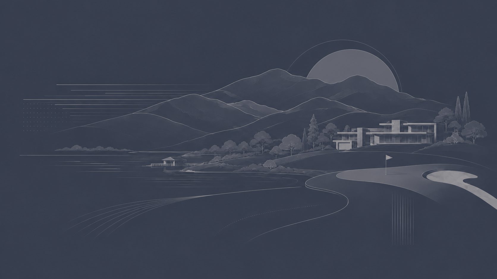 Illustrated Wallace Luxury scene showing mountain views, lakefront living, golf, and a modern luxury home in East Tennessee.