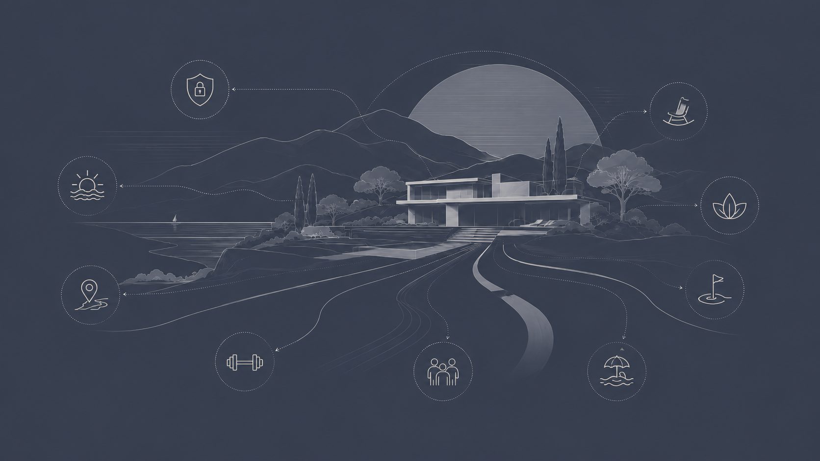 Luxury home illustration with icons representing privacy, views, wellness, recreation, family, and second-home appeal in East Tennessee.